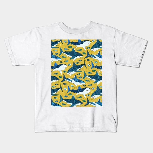 Sharks on Mustard - Pattern Kids T-Shirt by TigaTiga